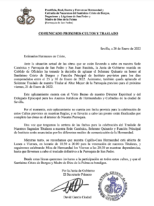 Comunicado del aplazamiento del Quinario y al Solemne Traslado.